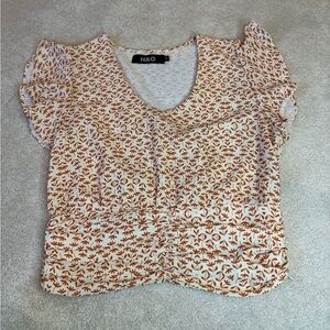 H&O Orange and White Floral Short Sleeve Blouse Size M